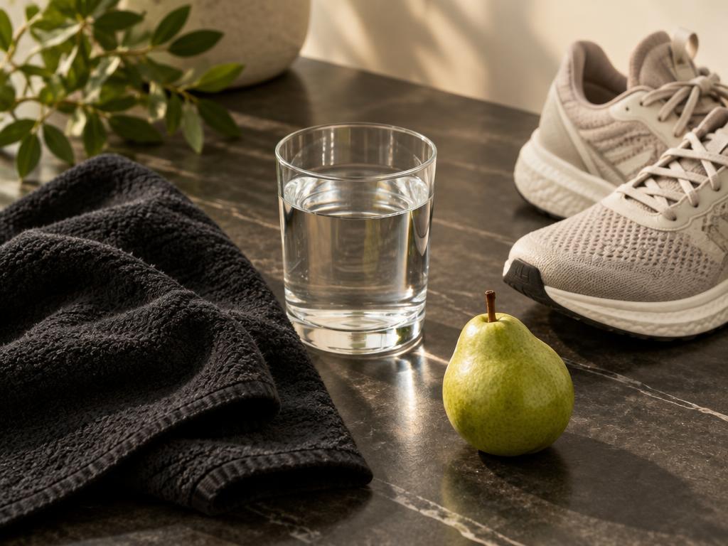 Editorial wellness still life with water, walking shoes and a fresh pear